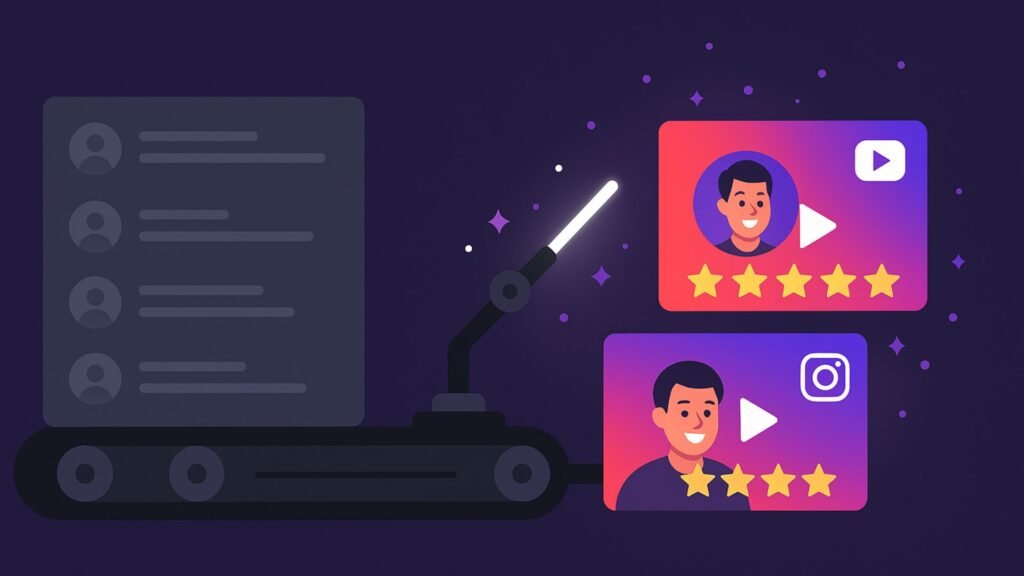 Illustration of a conveyor belt and robotic arm turning plain customer reviews into vibrant video testimonial thumbnails with five-star ratings and social media icons