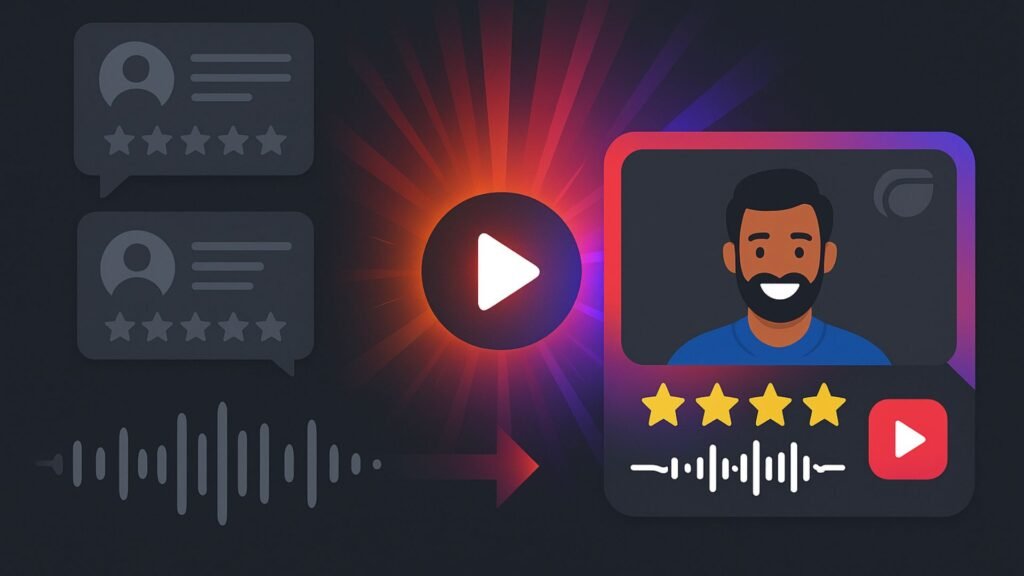 Illustration showing customer reviews and audio transforming into a vibrant video testimonial with a smiling avatar, five stars, and a play button