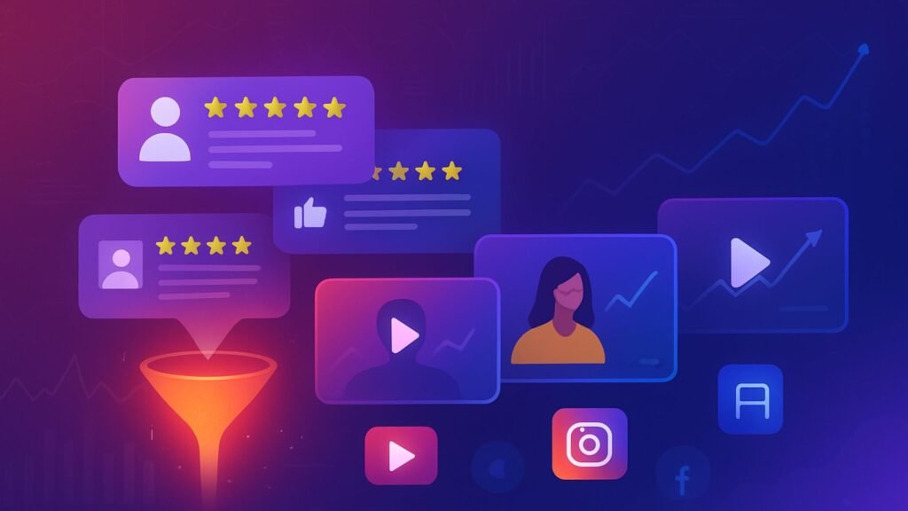 Online reviews being converted into video testimonials through a glowing digital funnel, surrounded by social media icons and growth charts