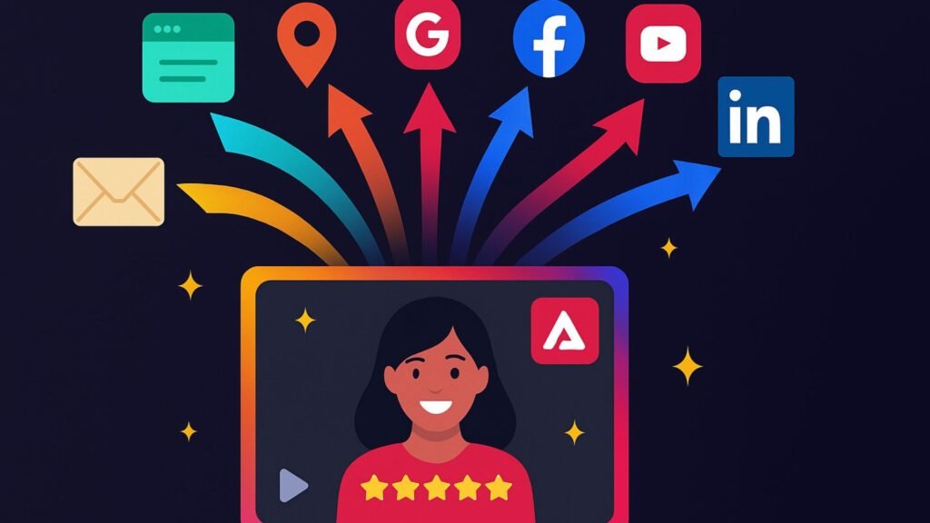 Illustration of a video testimonial being distributed to Google, Facebook, YouTube, LinkedIn, Instagram, website, and email platforms