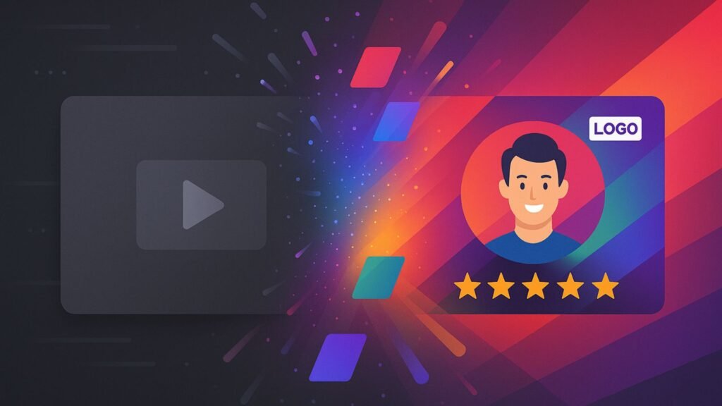 Illustration showing a plain video frame evolving into a vibrant branded testimonial with a customer avatar, five stars, and colorful logo accents