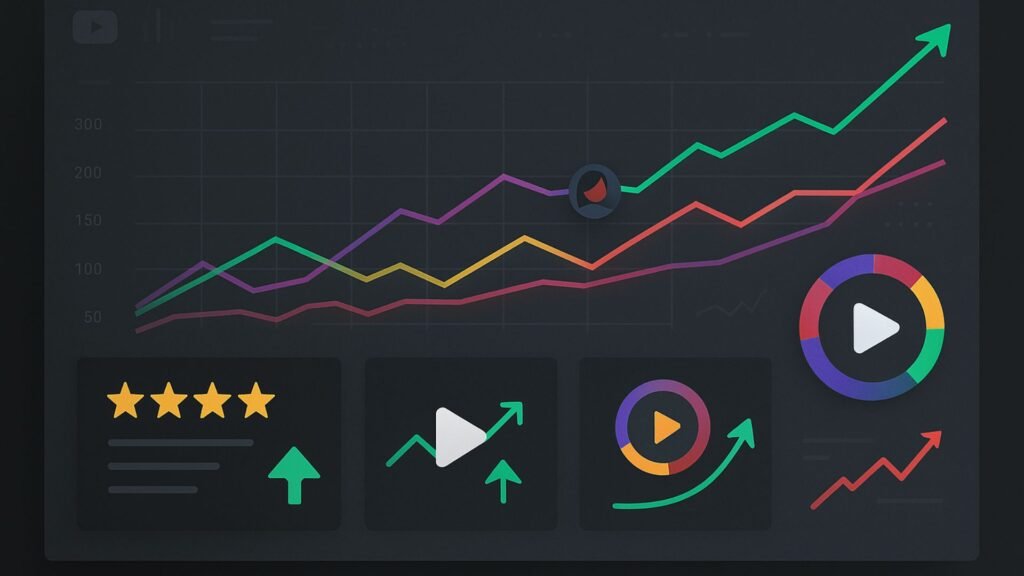 Analytics dashboard with colorful upward-trending graphs, video play icons, star ratings, and social media platform symbols on a black background