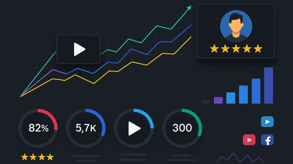 Modern analytics dashboard with neon line graphs, play icons, five-star ratings, and social media logos showing video engagement metrics